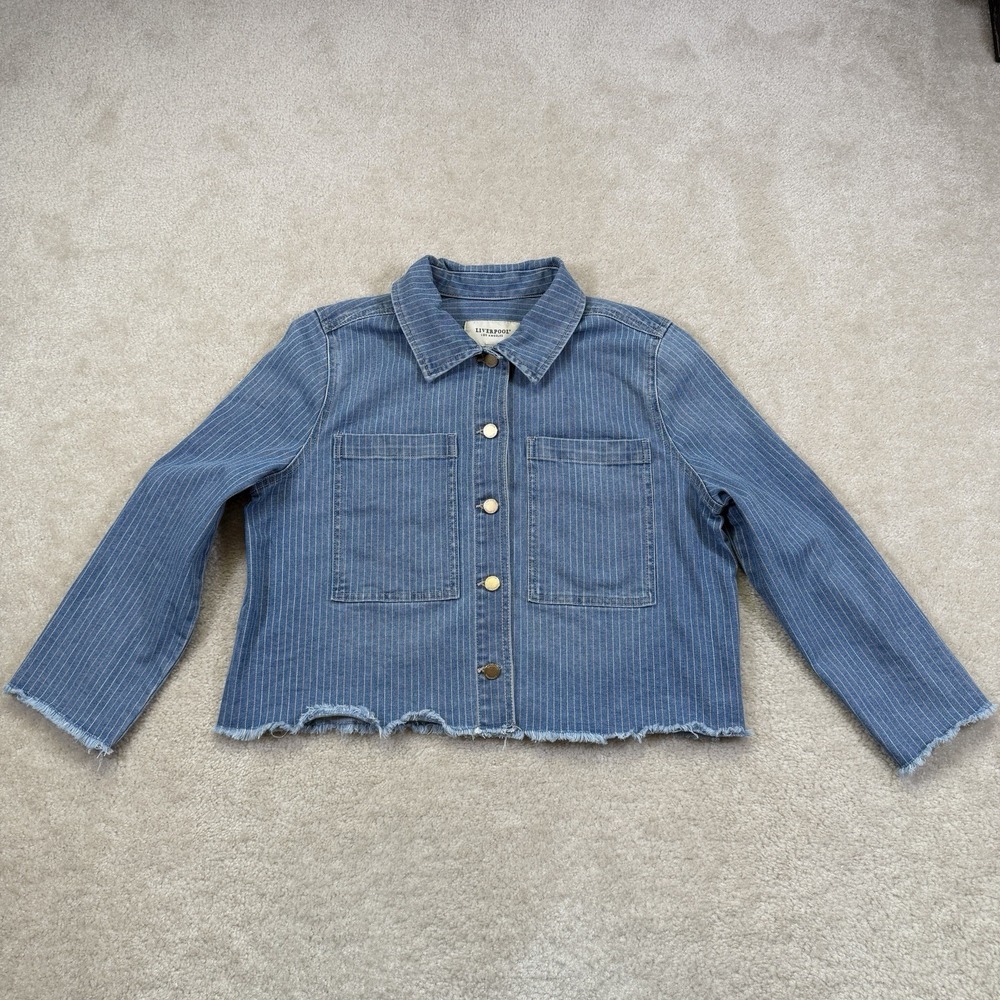 Liverpool Cut Hem Denim Jacket Womens M Blue Sunset Stripe 3/4 Sleeve Raw Hem